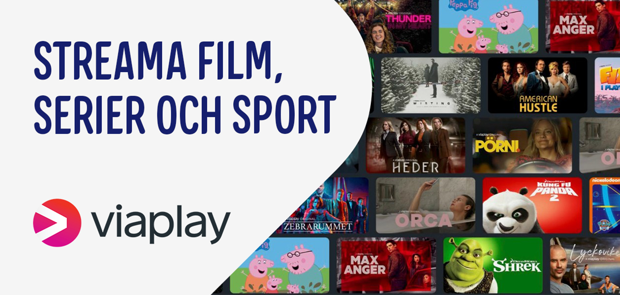 Viaplay i 6 eller 12 månader – streama film och serier Logo med texten Viaplay på en vit bakgrund