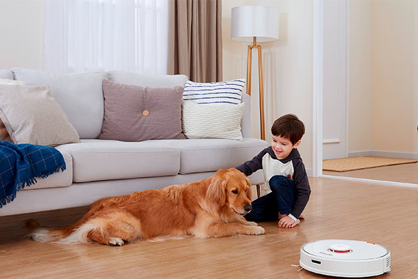 Roborock En pojke som sitter framför en soffa och klappar en hund medan en robotdammsugare dammsuger golvet