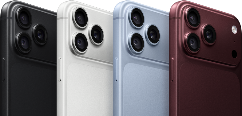 iPhone 18 Pro-enheter i rad, sedda bakifrån, alla fyra färger: bourgogne, glaciär, silver, svart, Fusion-proffskamerasystem i övre vänstra hörnet, tre objektiv, mikrofon, blixt