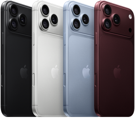 iPhone 18 Pro-enheter i rad, sedda bakifrån, alla fyra färger: bourgogne, glaciär, silver, svart, Fusion-proffskamerasystem i övre vänstra hörnet, tre objektiv, mikrofon, blixt
