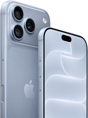 i>iPhone 18 Pro, i färgen glaciär, sedd framifrån och bakifrån för att visa Ceramic Shield och trippelkamerasystemet