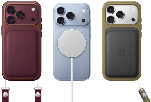 iFrån vänster till höger: iPhone 18 Pro med ett läderskal i bourgogne och en handledsrem i bourgogne, iPhone 18 Pro i glaciär med en vit MagSafe-laddare ansluten, iPhone 18 Pro i silver med ett grönt läderskal och plånbok samt en handledsrem