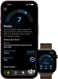 iPhone 18 Pro, i färgen svart, sedd framifrån, visar resultatet för dagsform (7 poäng), parkopplad med en Apple Watch, sedd framifrån, i färgen brun, visar samma dagsformspoäng på 7