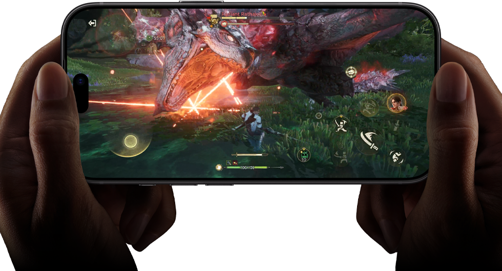 iPhone 18 Pro sedd framifrån, på skärmen visas prestandan hos A20 Pro-chippet med en scen från Monster Hunter Outlanders