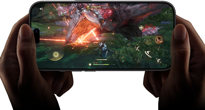 iPhone 18 Pro sedd framifrån, på skärmen visas prestandan hos A20 Pro-chippet med en scen från Monster Hunter Outlanders