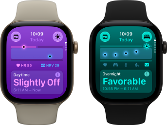 Två Apple Watch Series 12-enheter med aluminiumboett i färgen ljust guld, Vitalparametrar under dagen något avvikande, Digital Crown, sportband i färgen sand, aluminiumboett i färgen svart, Positivt för vitalparametrar över natten, Digital Crown, sportband i färgen svart