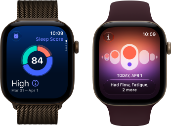 Apple Watch Series 12, aluminiumboett i färgen mörk brons, cirkeldiagram med sömnpoäng, Digital Crown, milanesisk loop i färgen mörk brons