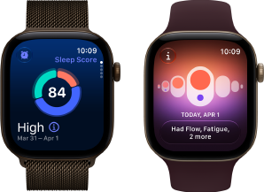 Apple Watch Series 12, aluminiumboett i färgen mörk brons, cirkeldiagram med sömnpoäng, Digital Crown, milanesisk loop i färgen mörk brons