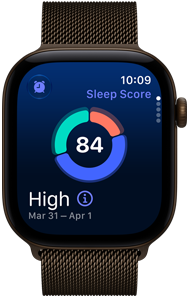 Apple Watch Series 12, aluminiumboett i färgen mörk brons, cirkeldiagram med sömnpoäng, Digital Crown, milanesisk loop i färgen mörk brons