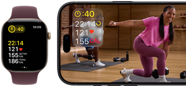 Apple Watch bredvid en iPhone med ett träningspass i Apple Fitness+ på skärmen