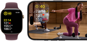 Apple Watch bredvid en iPhone med ett träningspass i Apple Fitness+ på skärmen