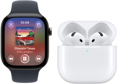 Apple Watch Series 12, aluminiumboett i färgen svart, svart sportband, appen Apple Music är öppen, parkopplad med AirPods 4