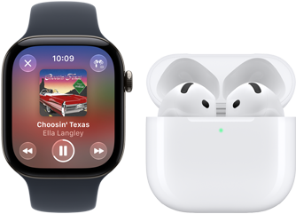 Apple Watch Series 12, aluminiumboett i färgen svart, svart sportband, appen Apple Music är öppen, parkopplad med AirPods 4
