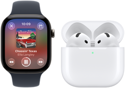 Apple Watch Series 12, aluminiumboett i färgen svart, svart sportband, appen Apple Music är öppen, parkopplad med AirPods 4