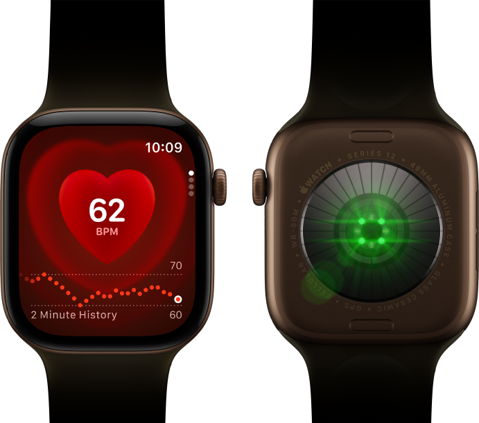 Två Apple Watch Series 12-enheter, aluminiumboett i färgen mörk brons med sportband i färgen oliv, den ena med appen Puls på skärmen och den andra med systemet för hälsomätning på baksidan och LED-lampor som lyser grönt