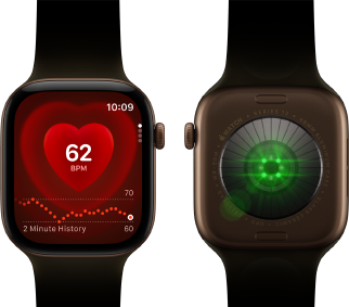 Två Apple Watch Series 12-enheter, aluminiumboett i färgen mörk brons med sportband i färgen oliv, den ena med appen Puls på skärmen och den andra med systemet för hälsomätning på baksidan och LED-lampor som lyser grönt