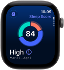 Apple Watch Series 12, aluminiumboett i färgen rymdgrå, cirkeldiagram med sömnpoäng, höger sida, Digital Crown