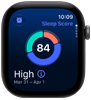 Apple Watch Series 12, aluminiumboett i färgen rymdgrå, cirkeldiagram med sömnpoäng, höger sida, Digital Crown