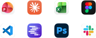 Appikoner för Microsoft PowerPoint, Claude från Anthropic, Microsoft Excel, Figma, Visual Studio Code, LM Studio, Adobe Photoshop och Slack