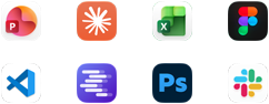 Appikoner för Microsoft PowerPoint, Claude från Anthropic, Microsoft Excel, Figma, Visual Studio Code, LM Studio, Adobe Photoshop och Slack