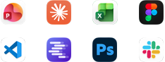 Appikoner för Microsoft PowerPoint, Claude från Anthropic, Microsoft Excel, Figma, Visual Studio Code, LM Studio, Adobe Photoshop och Slack
