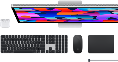 AirPods, Studio Display, Magic Keyboard, Magic Mouse, Magic Trackpad, MagSafe-laddningskabel