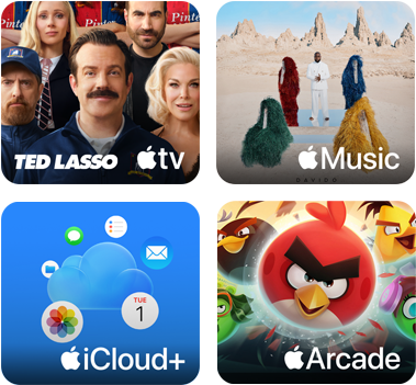 Fyra rutor: rutan med Apple TV visar figurer från Ted Lasso, rutan med Apple Music visar omslagsbilden till Davidos album 5ive, rutan med iCloud Plus visar en molnbild omgiven av appikoner för Bilder, Kalender, Mail, Påminnelser, Meddelanden och Filer och rutan med Apple Arcade visar figurer från spelet Angry Birds