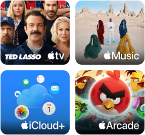 Fyra rutor: rutan med Apple TV visar figurer från Ted Lasso, rutan med Apple Music visar omslagsbilden till Davidos album 5ive, rutan med iCloud Plus visar en molnbild omgiven av appikoner för Bilder, Kalender, Mail, Påminnelser, Meddelanden och Filer och rutan med Apple Arcade visar figurer från spelet Angry Birds