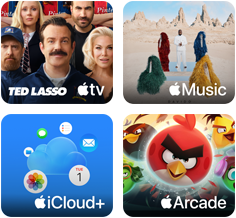 Fyra rutor: rutan med Apple TV visar figurer från Ted Lasso, rutan med Apple Music visar omslagsbilden till Davidos album 5ive, rutan med iCloud Plus visar en molnbild omgiven av appikoner för Bilder, Kalender, Mail, Påminnelser, Meddelanden och Filer och rutan med Apple Arcade visar figurer från spelet Angry Birds