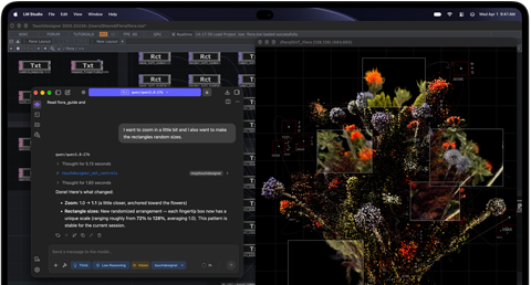 MacBook Pro med PROLED XDR-skärm, rymdsvart, skärmen visar en bild som skapas med TouchDesigner och LM Studio
