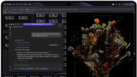 MacBook Pro med PROLED XDR-skärm, rymdsvart, skärmen visar en bild som skapas med TouchDesigner och LM Studio