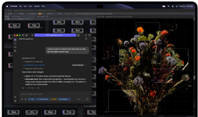 MacBook Pro med PROLED XDR-skärm, rymdsvart, skärmen visar en bild som skapas med TouchDesigner och LM Studio