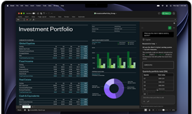 MacBook Pro-skärm visar ett Excel-ark med data för en investeringsportfölj, grönt stapeldiagram, lila cirkeldiagram och Copilot-sidofält med kvartalsvisa summor