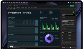 MacBook Pro-skärm visar ett Excel-ark med data för en investeringsportfölj, grönt stapeldiagram, lila cirkeldiagram och Copilot-sidofält med kvartalsvisa summor