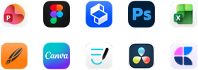 Tio appikoner på två rader: PowerPoint, Figma, Shapr3D, Photoshop, Excel, Linearity, Canva, GoodNotes, DaVinci Resolve, Craft