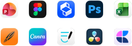 Tio appikoner på två rader: PowerPoint, Figma, Shapr3D, Photoshop, Excel, Linearity, Canva, GoodNotes, DaVinci Resolve, Craft