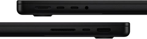 Portarna på MacBook Pro – vänster sida: MagSafe, två Thunderbolt-portar och hörlursuttag – höger sida: SDXC, en Thunderbolt-port och HDMI