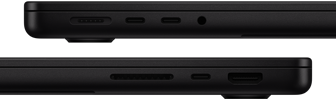 Portarna på MacBook Pro – vänster sida: MagSafe, två Thunderbolt-portar och hörlursuttag – höger sida: SDXC, en Thunderbolt-port och HDMI