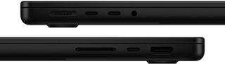 Portarna på MacBook Pro – vänster sida: MagSafe, två Thunderbolt-portar och hörlursuttag – höger sida: SDXC, en Thunderbolt-port och HDMI