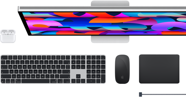 Mac-tillbehör: AirPods, Studio Display, Magic Keyboard, Magic Mouse, Magic Trackpad, MagSafe-laddningskabel