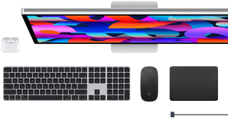 Mac-tillbehör: AirPods, Studio Display, Magic Keyboard, Magic Mouse, Magic Trackpad, MagSafe-laddningskabel