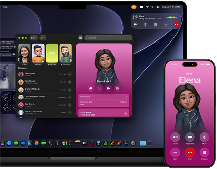 MacBook Pro och iPhone, appen Telefon är öppen, samma kontakt visas på båda skärmarna