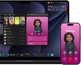 MacBook Pro och iPhone, appen Telefon är öppen, samma kontakt visas på båda skärmarna