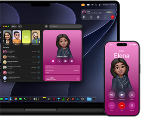 MacBook Pro och iPhone, appen Telefon är öppen, samma kontakt visas på båda skärmarna