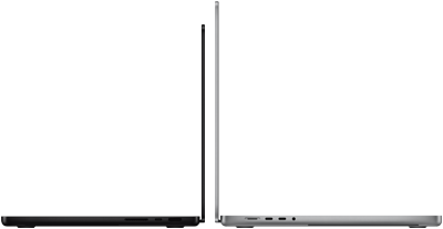 En 14-tums MacBook Pro i rymdsvart intill en 16-tums MacBook Pro i silver