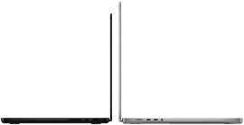 En 14-tums MacBook Pro i rymdsvart intill en 16-tums MacBook Pro i silver