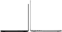En 14-tums MacBook Pro i rymdsvart intill en 16-tums MacBook Pro i silver