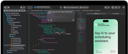 MacBook Pro, Xcode, kodredigeraren visar kommentaren: Connect the app to Apple Intelligence, förhandsvisning på iPhone, appen Quantum College Hospital med texten: Say hi to your scheduling assistant, knappar: View open shifts, Swap my next shift