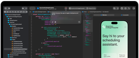 MacBook Pro, Xcode, kodredigeraren visar kommentaren: Connect the app to Apple Intelligence, förhandsvisning på iPhone, appen Quantum College Hospital med texten: Say hi to your scheduling assistant, knappar: View open shifts, Swap my next shift