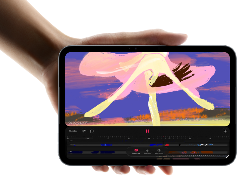 iPad mini, hålls i en hand, sedd framifrån, på skärmen visas ett gränssnitt för videoredigering med färgglada klipp, A20 Pro-chippet nämns nedan